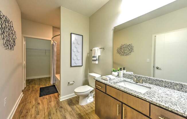 A bathroom with a toilet, sink, and mirror.