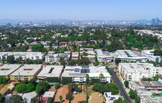 Aerial drone image of Rose Apartments and surrounding neighborhood.