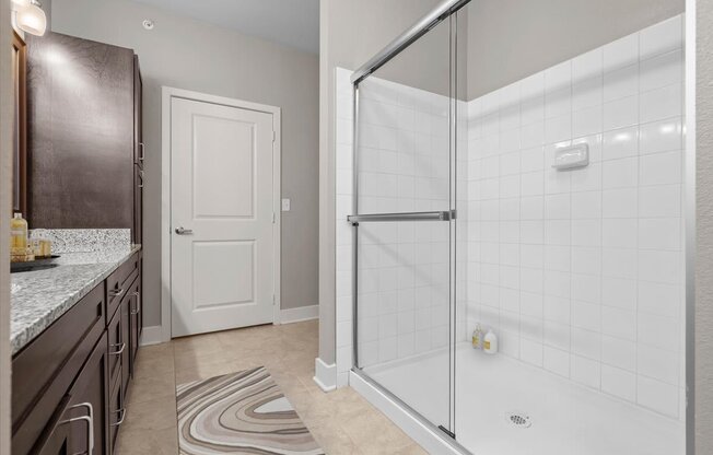 a bathroom with a shower and a sink