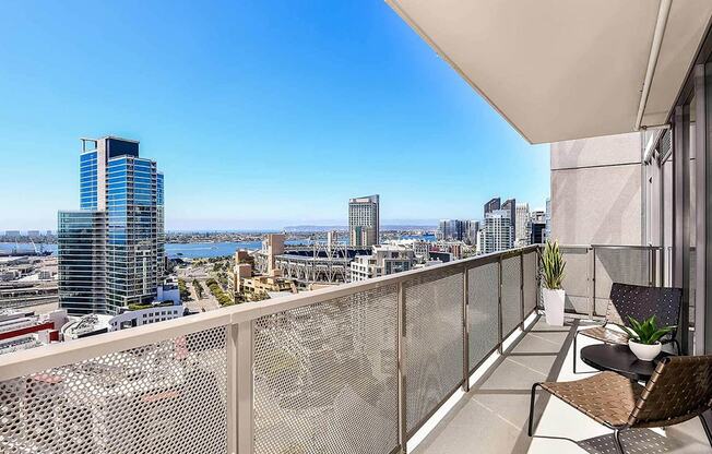 large balcony with city views at K1 Apartments, San Diego, CA