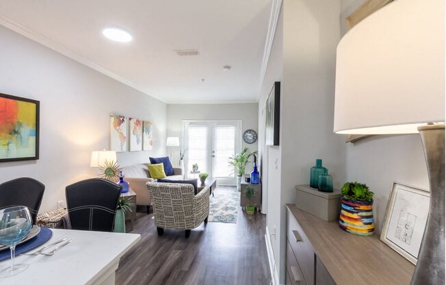 view of living room from kitchen and dining area