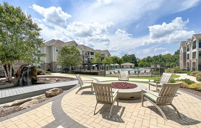 Outdoor entertaining areas with fire pit and fountain