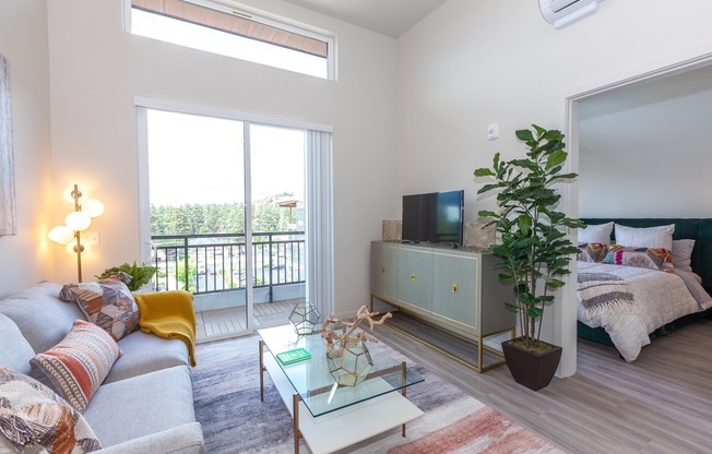 living room and bedroom at The Hixon Apartments featuring large windows