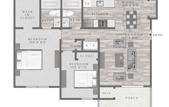 2 beds, 2 baths, 975 sqft, $2,660