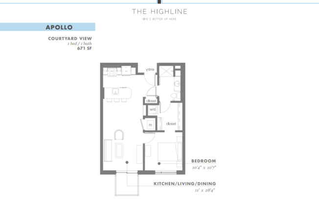 1 bed, 1 bath, 671 sqft, $1,335, Unit 463