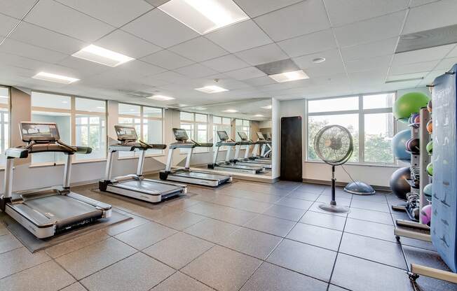 a gym with treadmills and weights in a room with windows