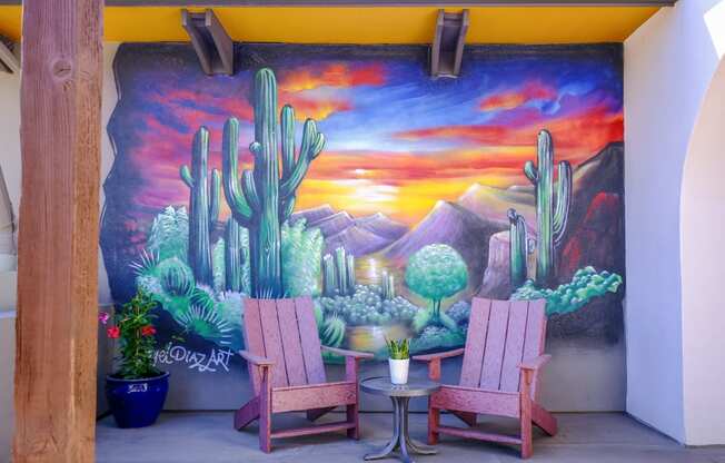 outdoor lounging area at Roosevelt Square apartments