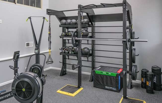 a home gym with a rack of weights and a weight machine