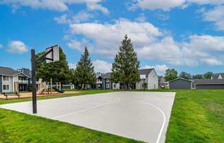 a basketball court in a park with houses in the background