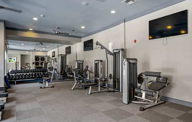 A well-equipped gym with a variety of machines and weights.