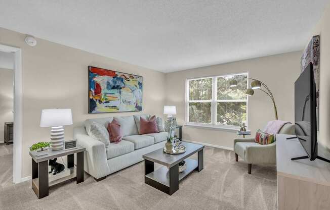 A living room with a couch, two end tables, and a television.