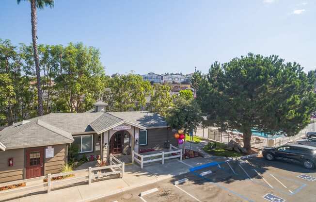 An aerial view of our Leasing Office and property at Meadow Creek Apartments in San Marcos, CA