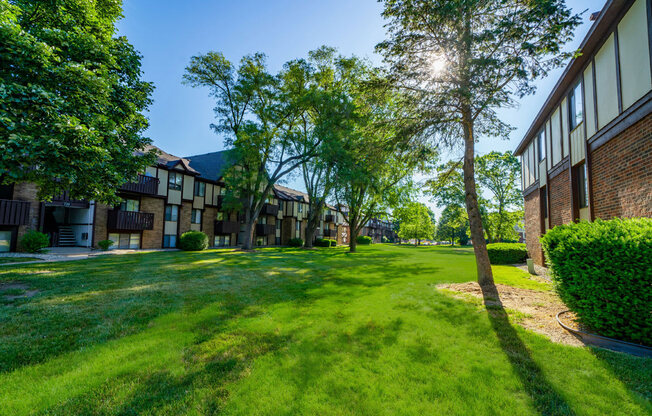 a green courtyard with mature shade trees at Fairlane Apartments, Springfield, MI, 49037
