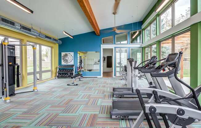 A gym with a variety of equipment including treadmills, weights, and a fan.
