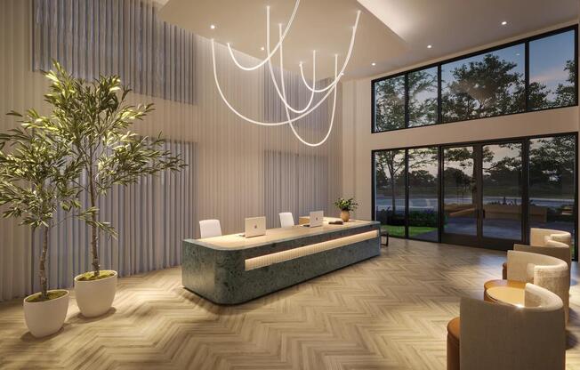 Hotel-inspired lobby with comfortable seating at Modera Nations in Nashville, TN.