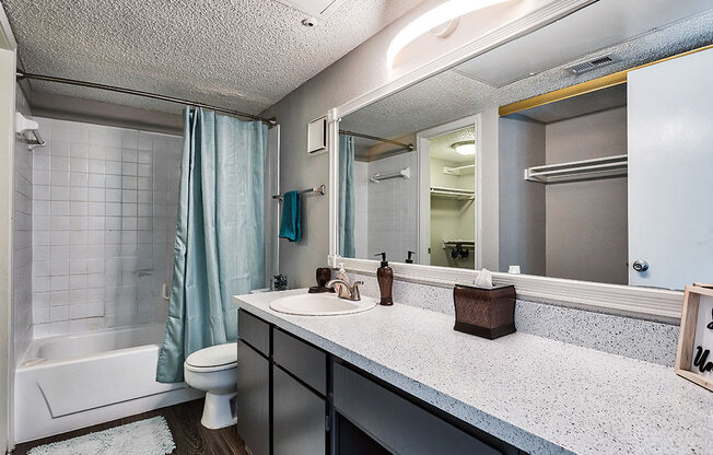 a bathroom with a sink and a toilet and a shower at The Broadwater at Salado Creek, San Antonio, TX