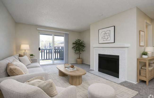 A living room with a fireplace and a couch.
