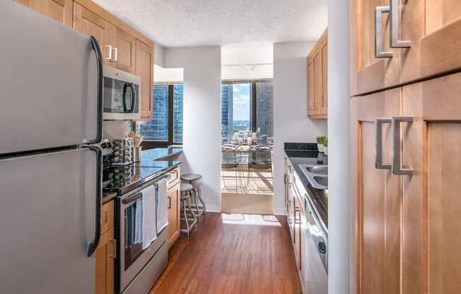 Beautiful kitchens featuring stainless steel appliances at Columbus Plaza, Illinois, 60601