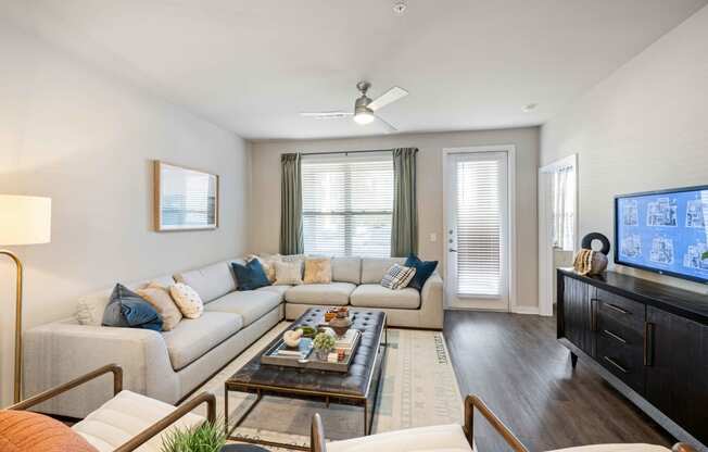 a living room with a couch and a coffee table