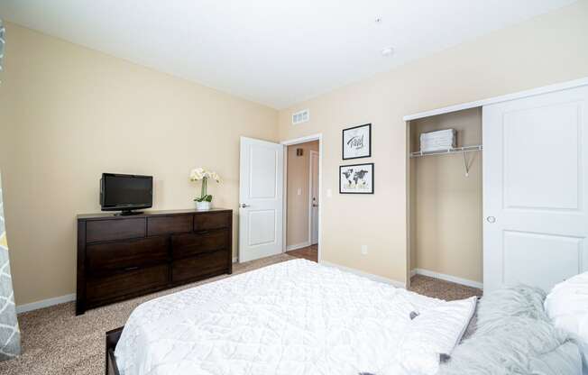 a bedroom with a large bed and a tv