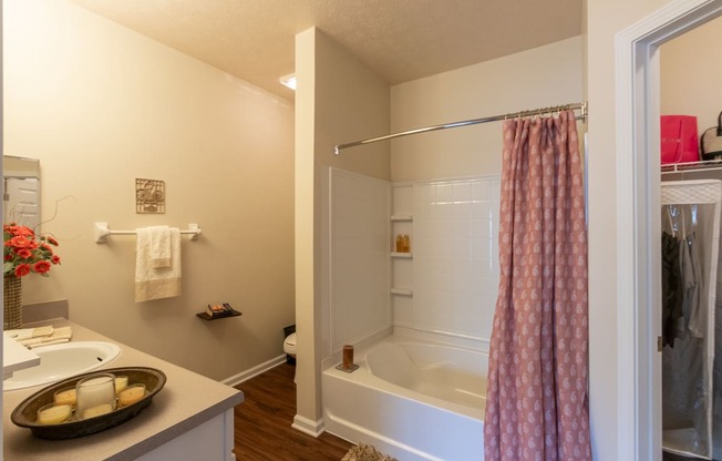 This is a photo of the primary bathroom in the 2 bedroom, 2 bath Islander floor plan at Nantucket Apartments in Loveland, OH.