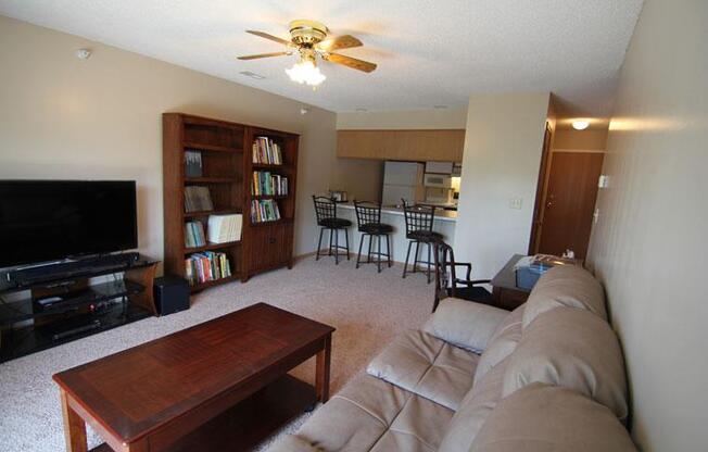 Interiors-Skyline View Apartments Living Area with Ceiling Fan in Lincoln NE