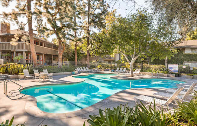 A large outdoor swimming pool surrounded by trees and lounge chairs.