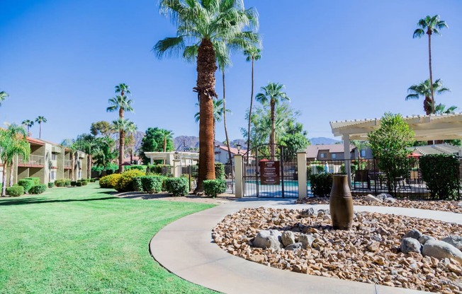 the preserve at green canyon apartments courtyard with rocks and palm trees