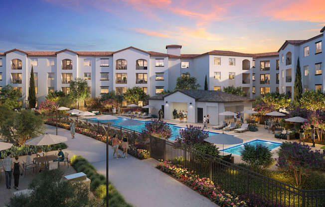 A resort with a pool and a building in the background at Pradera Apartments, San Ramon, CA, 94582