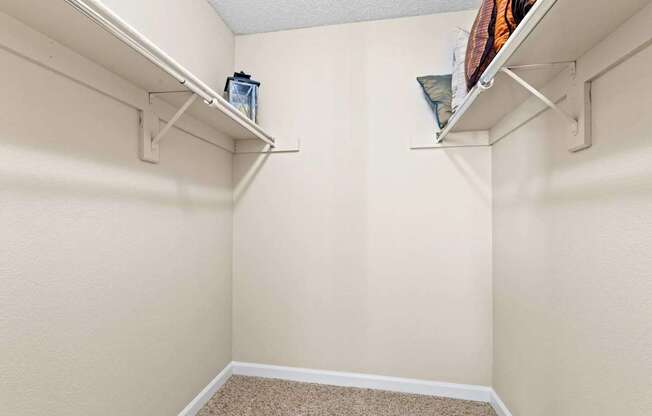 A small, empty room with a carpeted floor and two white shelves.