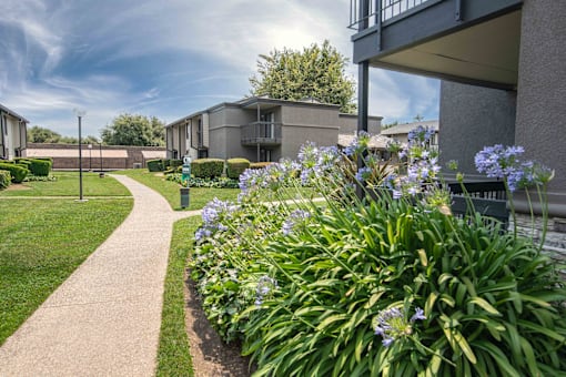 A sidewalk in front of apartment building