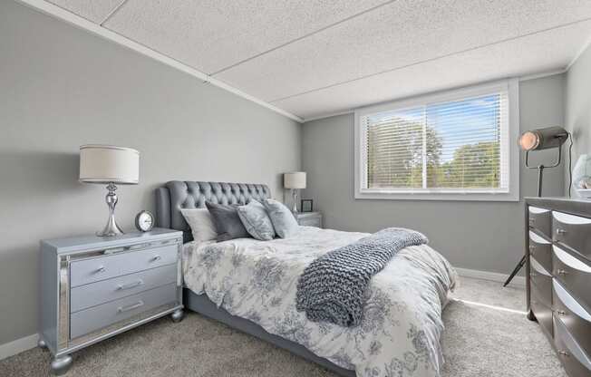 Renovated Bedroom with window view at Woodland Ridge Apartments in Woodridge, IL