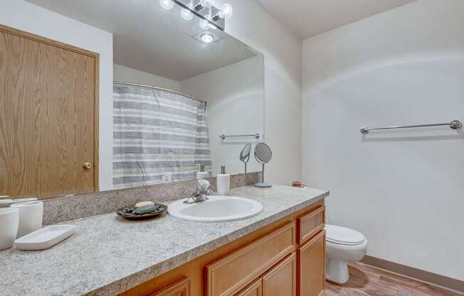 A bathroom with a sink, mirror, toilet, and a shower.