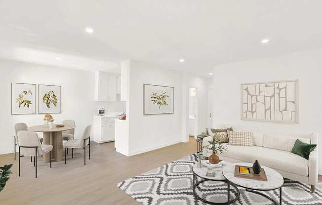 A living room with a white couch, a dining table with chairs, and a rug on the floor.