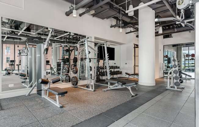 a fitness center with weights machines and other gym equipment  at Cassidy on Canal, Chicago