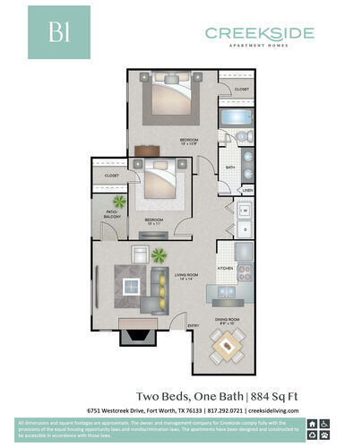 2 beds, 1 bath, 884 sqft, $1,234