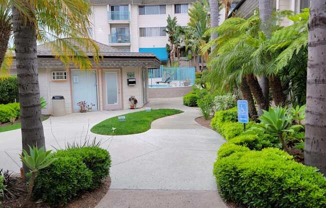 Leasing office and beautiful landscaping at La Mesa Village Apartments in La Mesa, California.