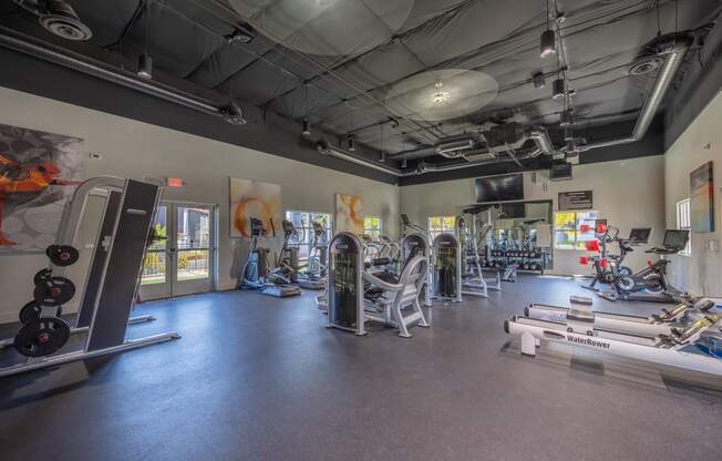 a large fitness room with exercise equipment and paintings on the wall
