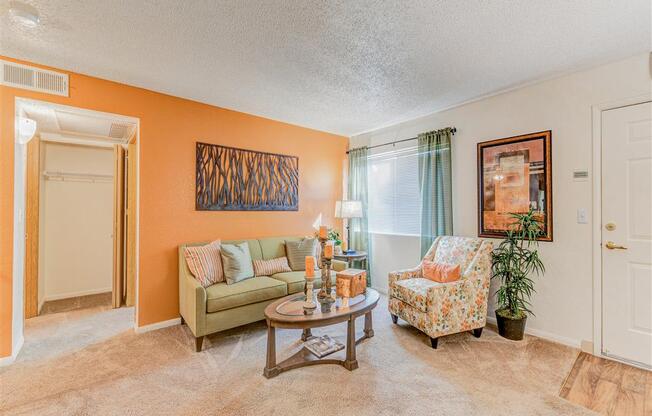 Spacious living room of Country Club at Valley View Senior Apartments in Las Vegas, NV, For Rent. Now leasing 1 and 2 bedroom apartments.