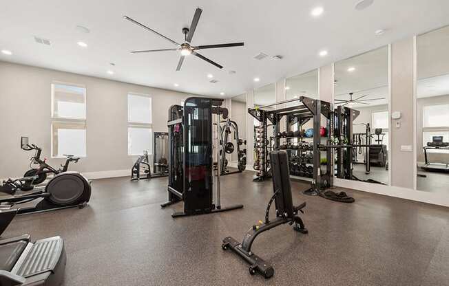 Community Fitness Center with Equipment at Alta 3Eighty Apartments located in Aubrey, TX.