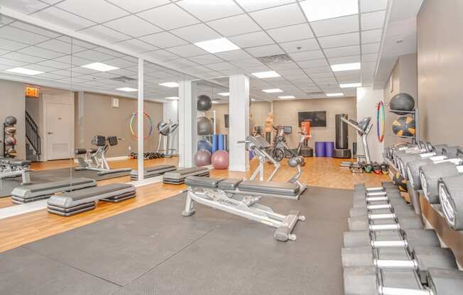 a gym with cardio equipment and weights on the floor