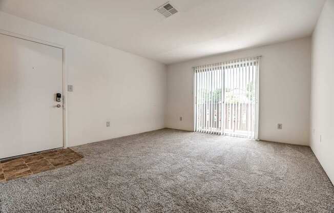 A room with a carpeted floor and a sliding glass door