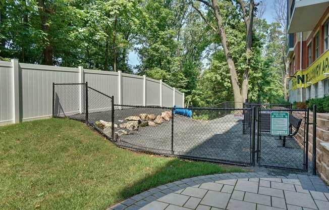 a dog park in a yard with a fence and a dog