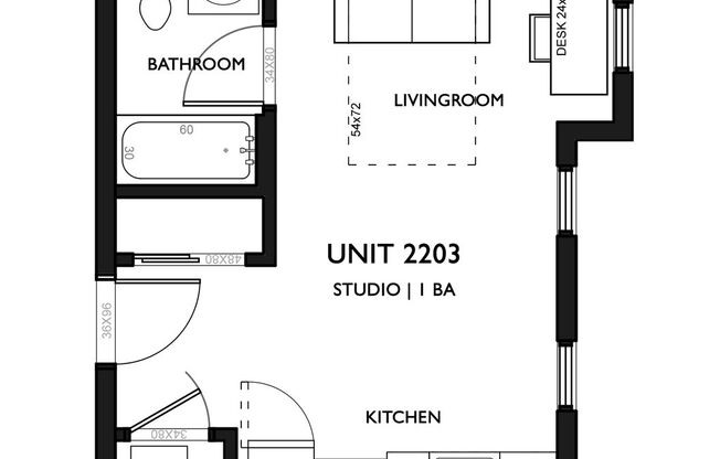 Studio, 1 bath, 356 sqft, $1,249, Unit 2-203