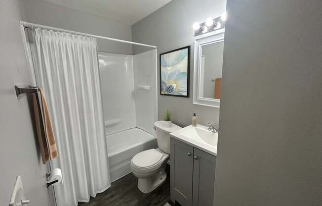 A small bathroom with a toilet, sink, and shower.