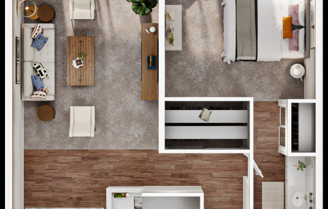 3D furnished floor plan of one bedroom one bathroom layout at woodside terrace apartments