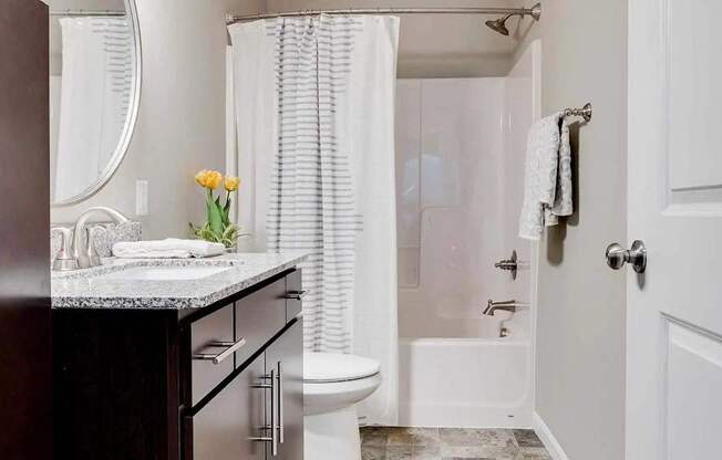 a bathroom with a sink and a toilet and a shower. Circle Pines, MN Lexington Lofts