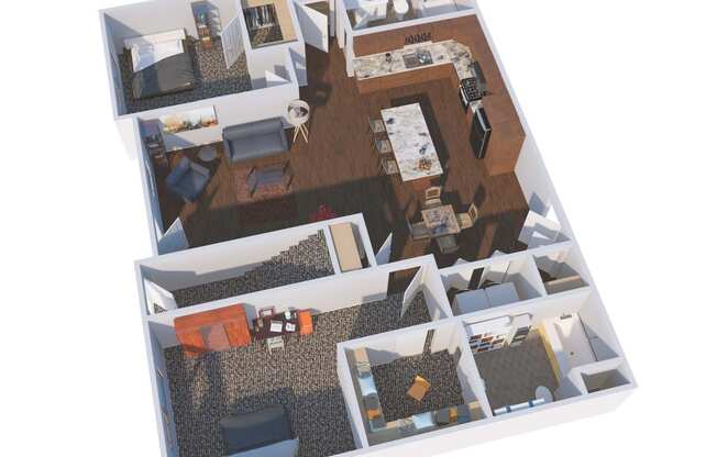 a 3d floor plan of a living room and dining room