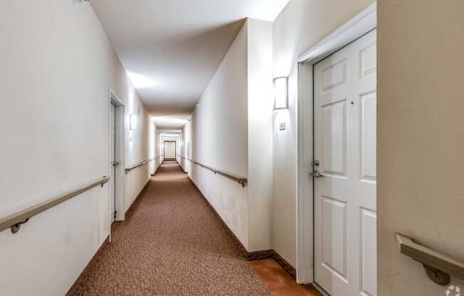 a hallway with white walls and doors and a brown carpet