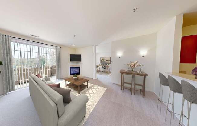 A living room with a grey couch, a wooden coffee table, and a flat screen TV.